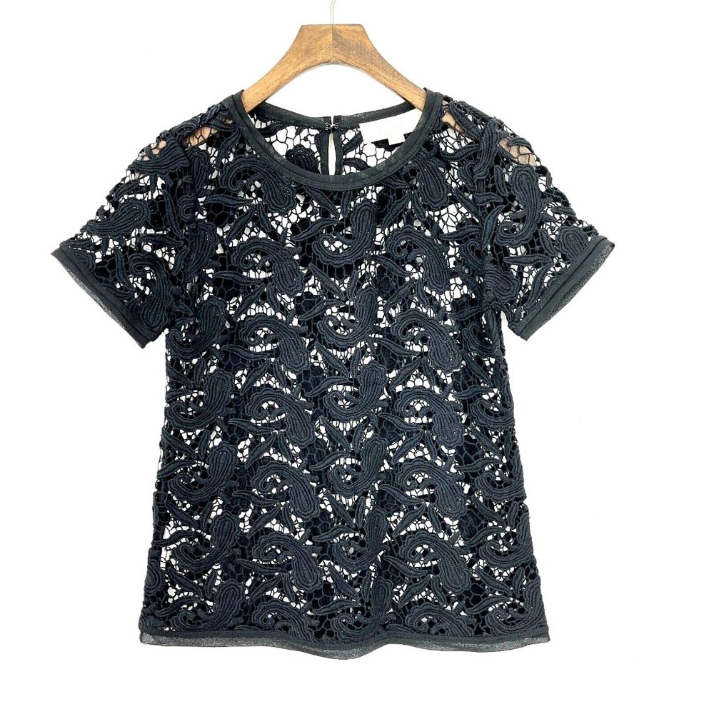 LOFT Black Lace Short Sleeve Top Size XXS